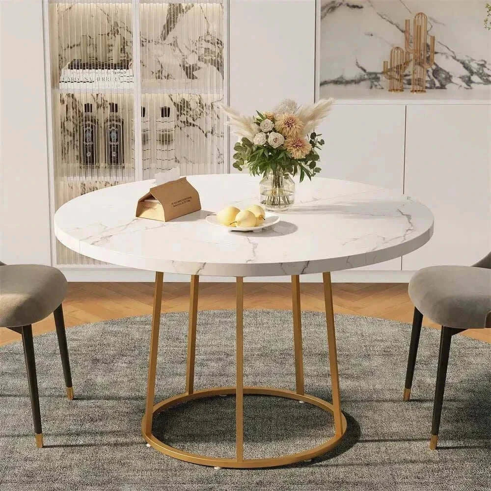 Round dining table 47-inch with wooden marble pattern top and gold base for four people