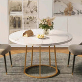 Round dining table 47-inch with wooden marble pattern top and gold base for four people