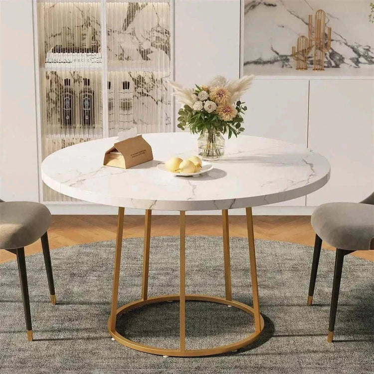 Round dining table 47-inch with wooden marble pattern top and gold base for four people