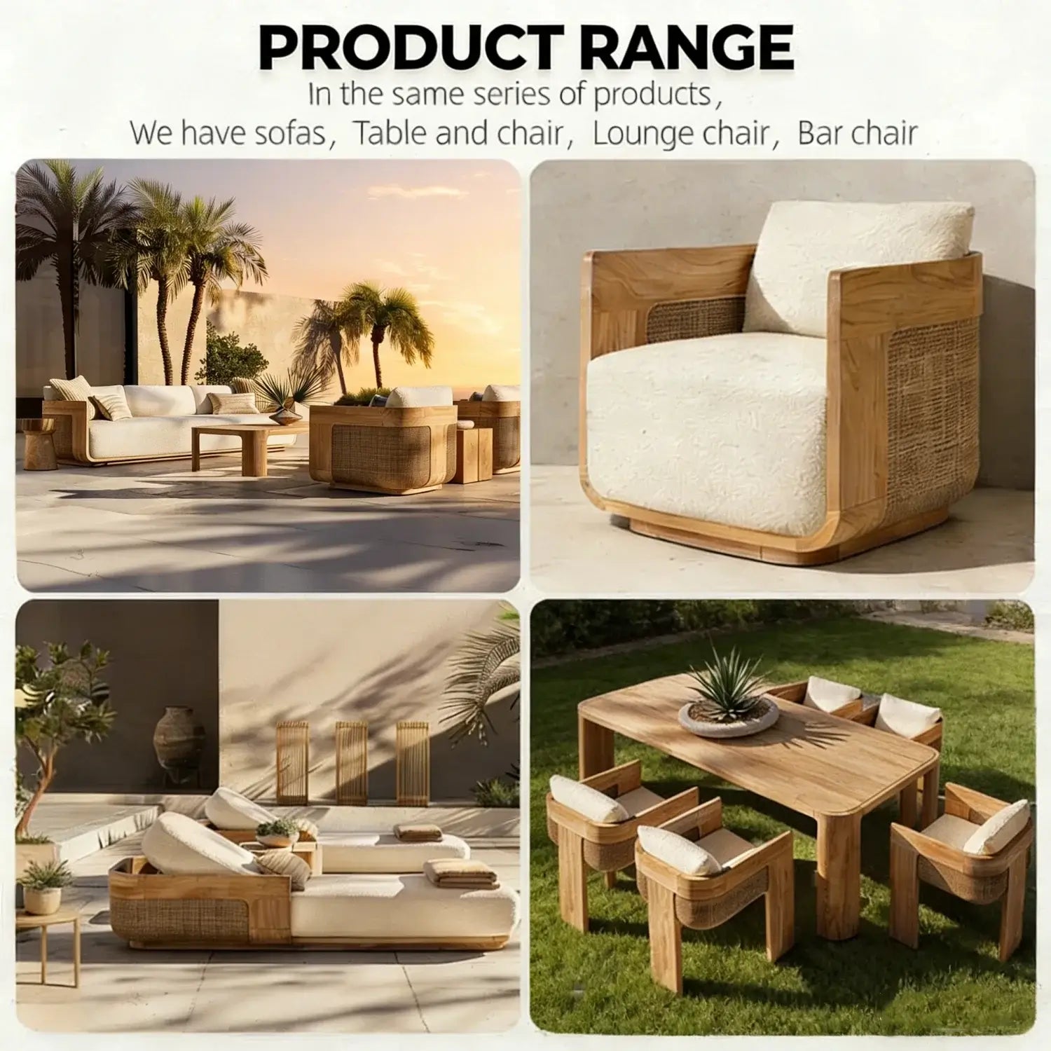 Image of product range featuring solid teak wood outdoor furniture including sun loungers, lounge chairs, and dining tables.