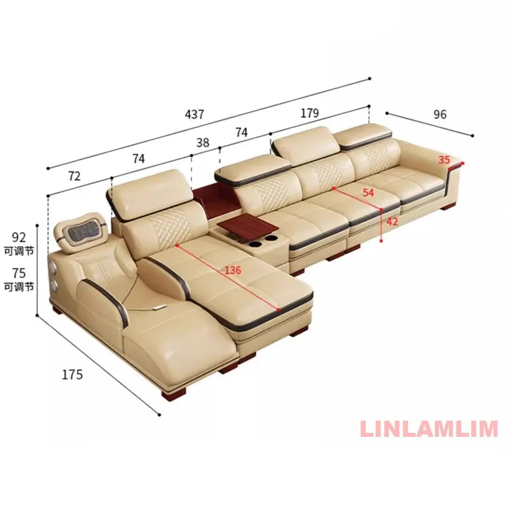 Luxury Genuine Leather Sectional Sofa Set, Modern L-Shaped Recliner Couch with Massage Chaise Lounge, Cup Holder, USB & Speakers