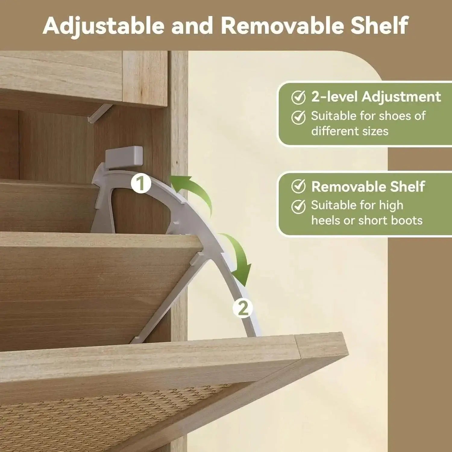 Adjustable and removable shelf features of rattan shoe cabinet, suitable for various shoe sizes and types.