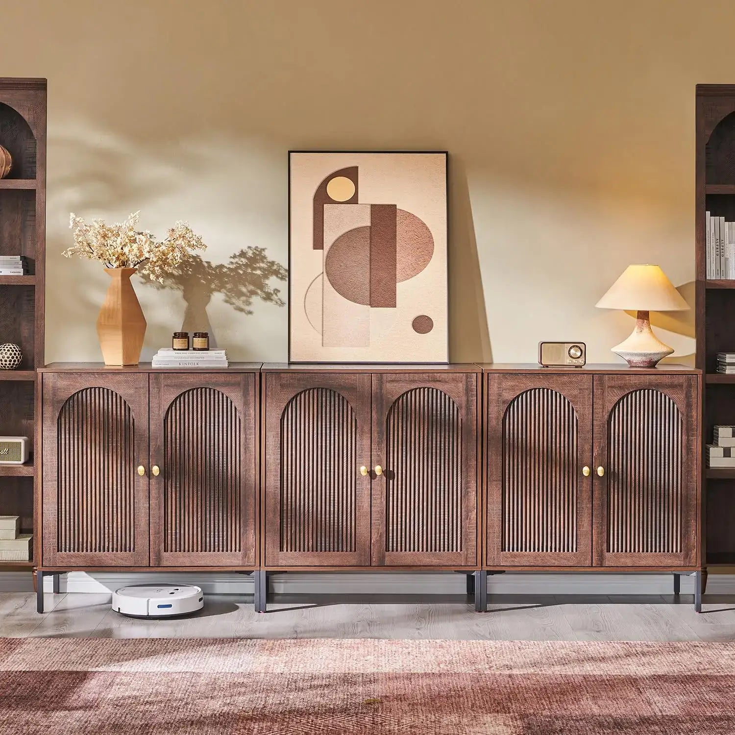 Modern Buffet Cabinet with Storage, 92.63" W Fluted Arched Sideboard Cabinet w/Adjustable Shelves, Wooden Modular, Customized.