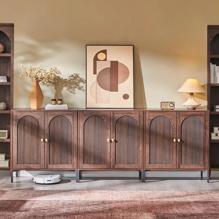 Modern Buffet Cabinet with Storage, 92.63" W Fluted Arched Sideboard Cabinet w/Adjustable Shelves, Wooden Modular, Customized.