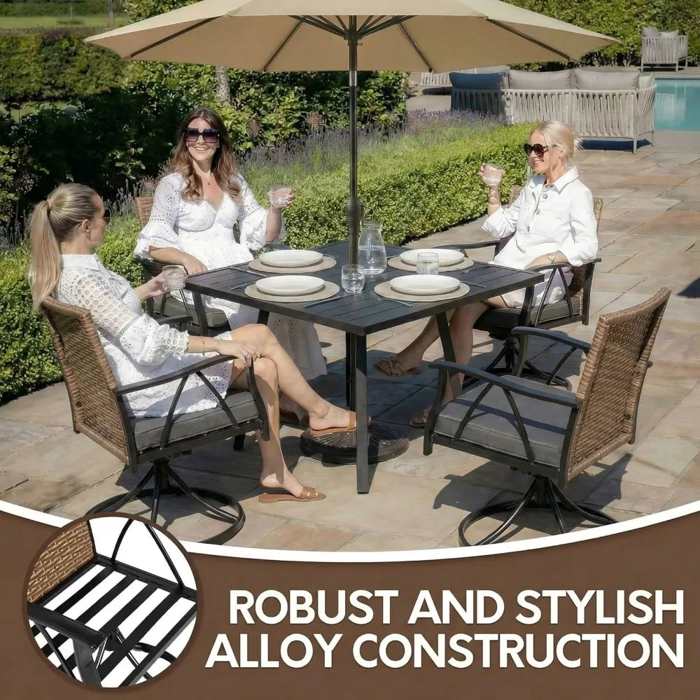 5-Piece Outdoor Patio Dining Set | Wicker Swivel Chairs with Cushions & Umbrella-Ready Table