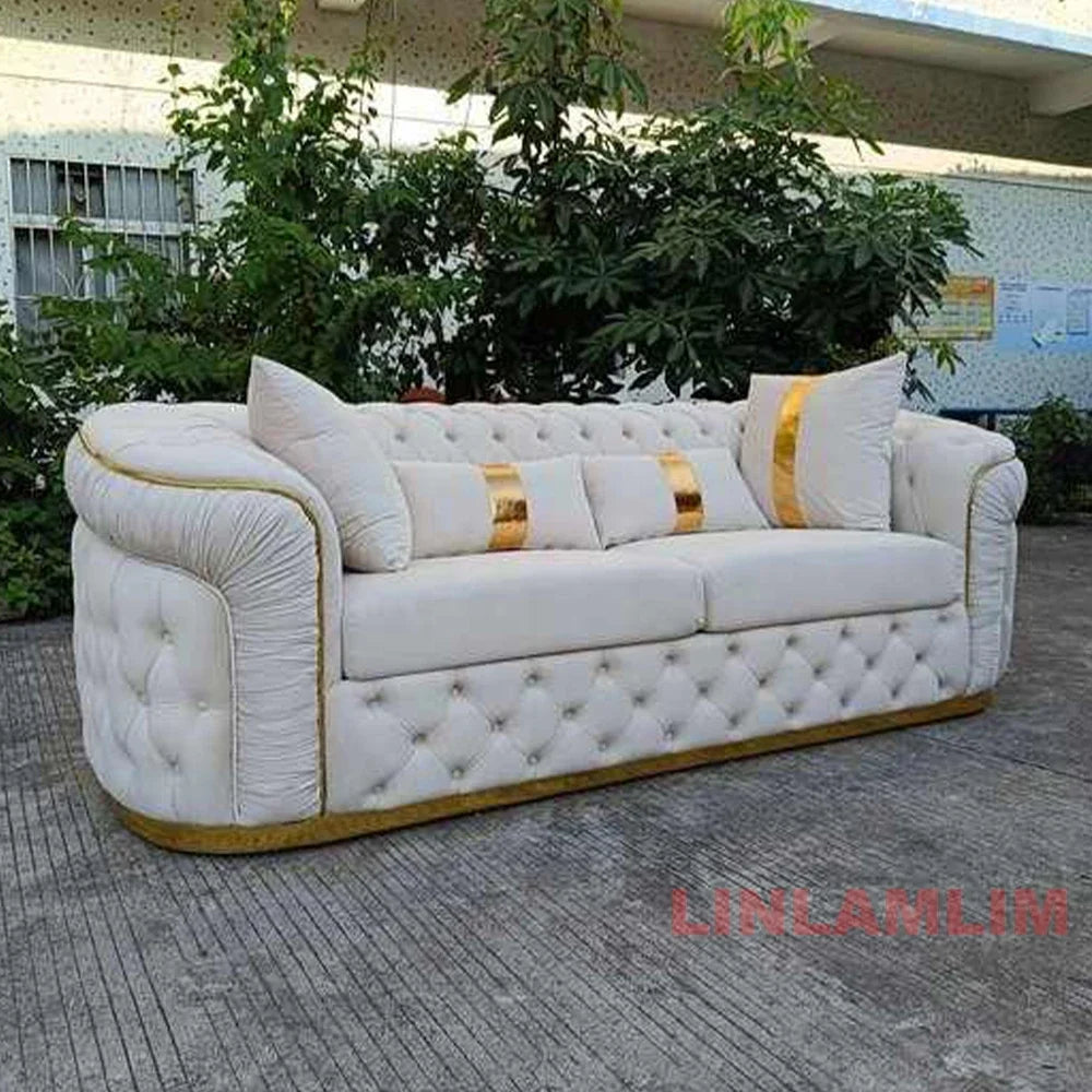 Luxury Chesterfield Sectional Sofa Set with Cloth Buttons and Fabric Modular Couch with Gold Stainless Steel Base, 3-seater Sofa
