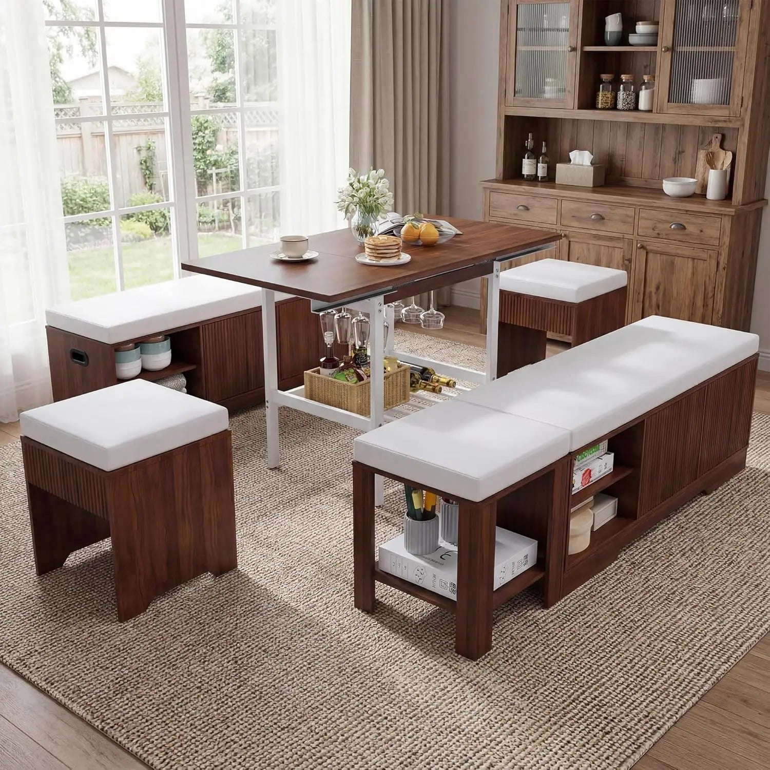 Wooden dining set with benches and a table in a room with large windows.