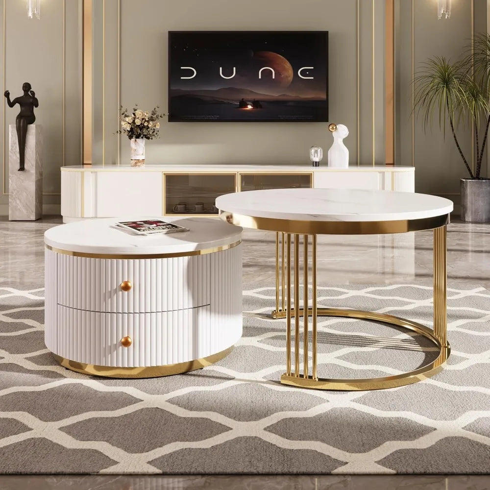 Modern 27.6" Two-Tier Round Nesting Coffee Tables with Drawers in Gold and White