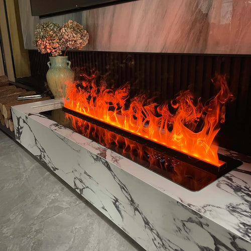 Smart electric fireplace with remote control showcasing colorful steam flames and modern design.