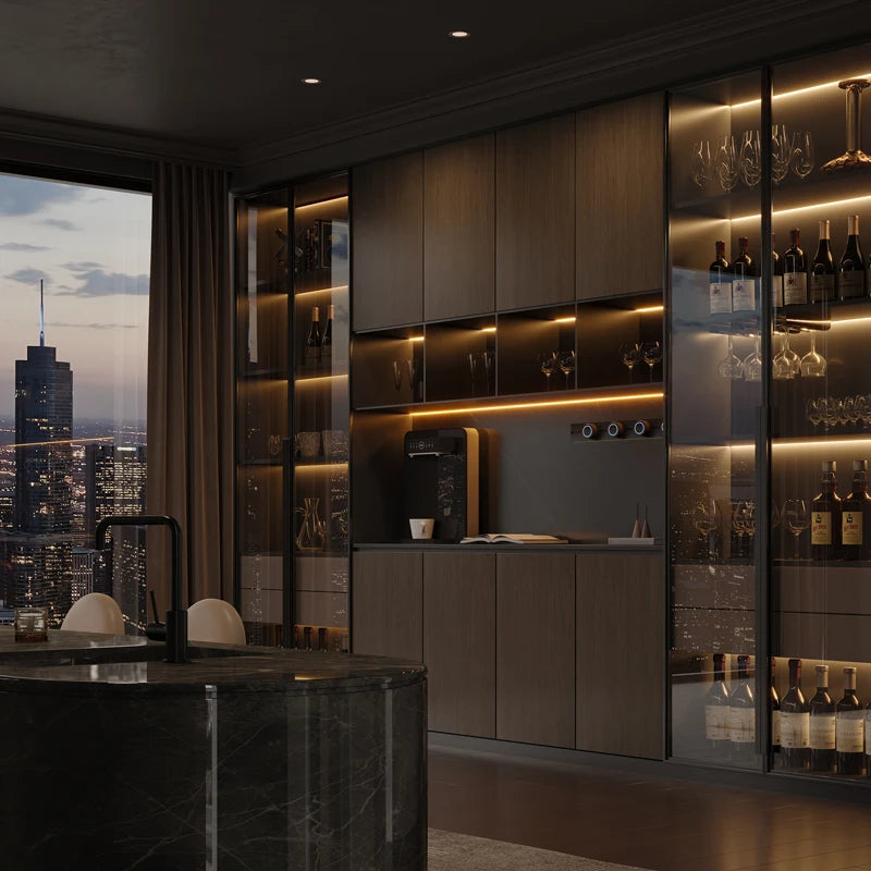 Modern kitchen with wine bottles and cityscape view