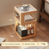 Wooden side table with dimensions and product display on a wooden floor. with coffee on the top and other items on the table shelves
