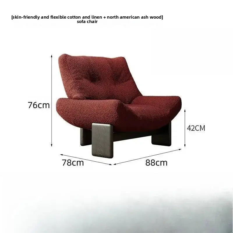 Red sofa chair with dimensions labeled on a white background