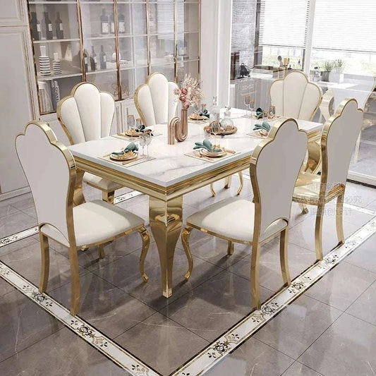 Marble luxury dining table with white Italian marble and gold rectangular design