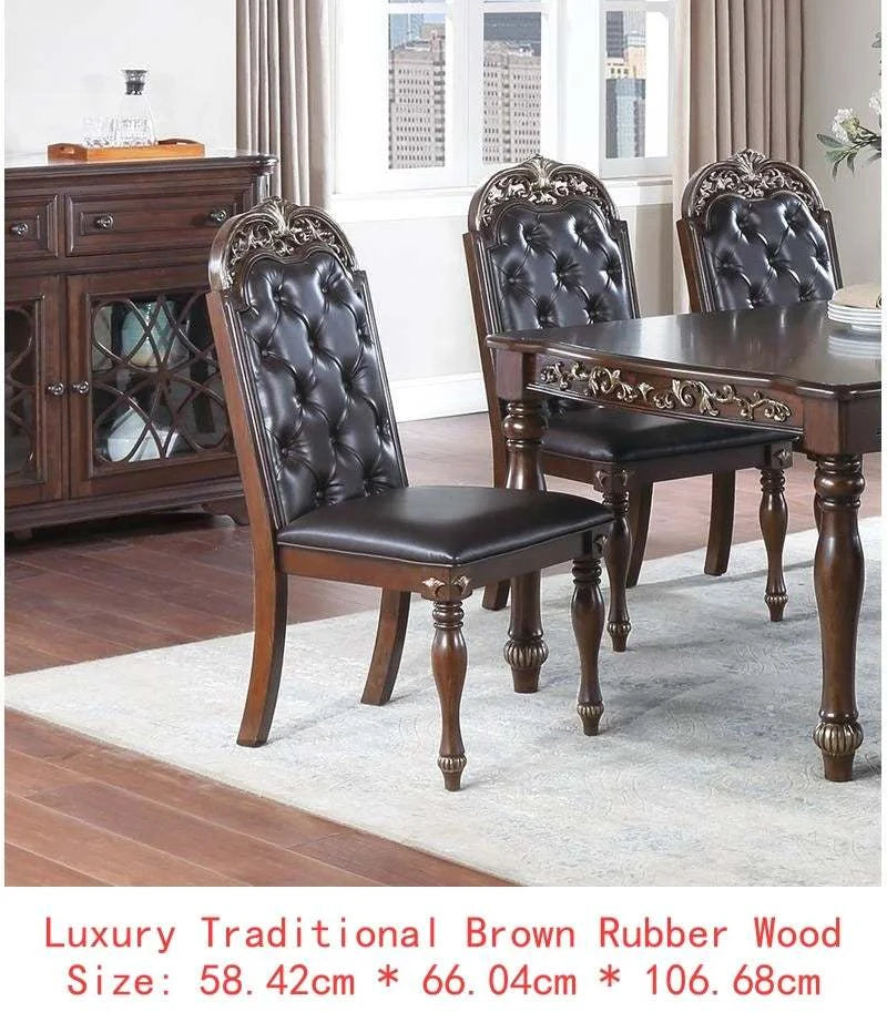 Dining room set with brown rubberwood table and chairs in a room setting.