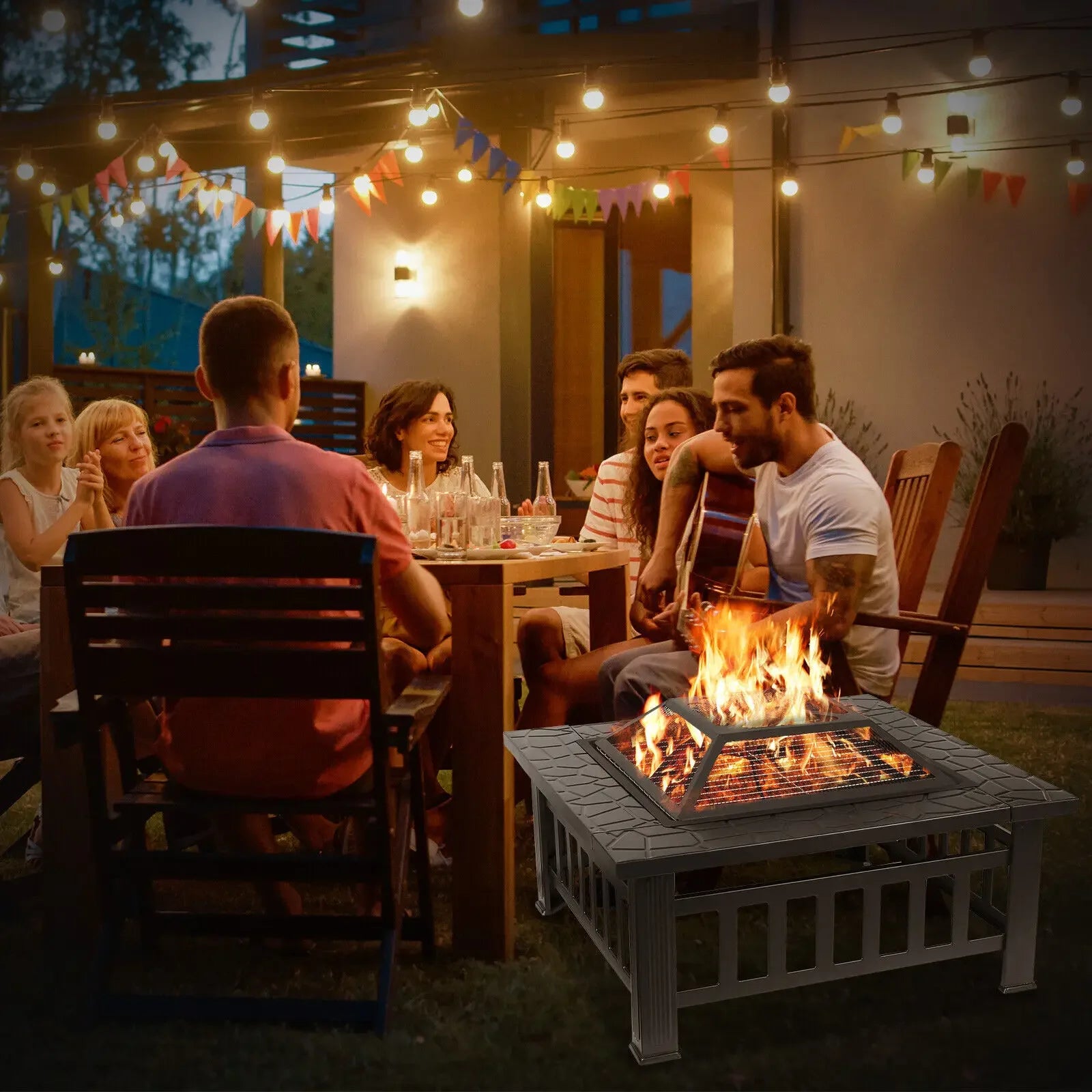 32" Fire Pit Table for Outside,Outdoor Fire Pit Square Wood Burning with Spark Screen Fire Poker for Camping,Backyard,Patio - view 18