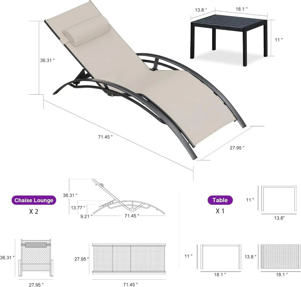 Patio Oversized Chaise Lounge Chair Set with Side Table Pool