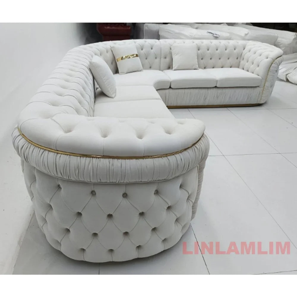 Luxury Chesterfield Sectional Sofa Set with Cloth Buttons and Fabric Modular Couch with Gold Stainless Steel Base, 3-seater Sofa