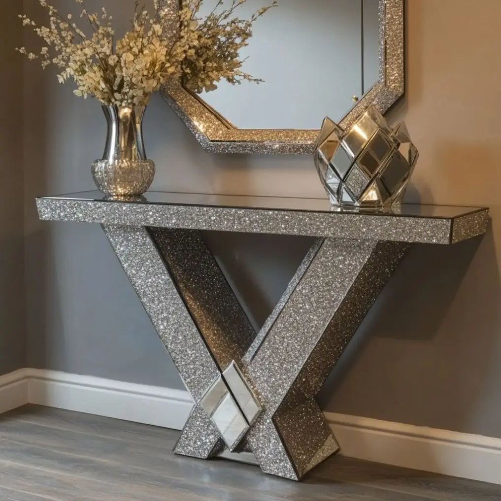 Crushed Diamond Mirror Console Table | Sculptural Arch Base | Glam Entryway Furniture - view 2