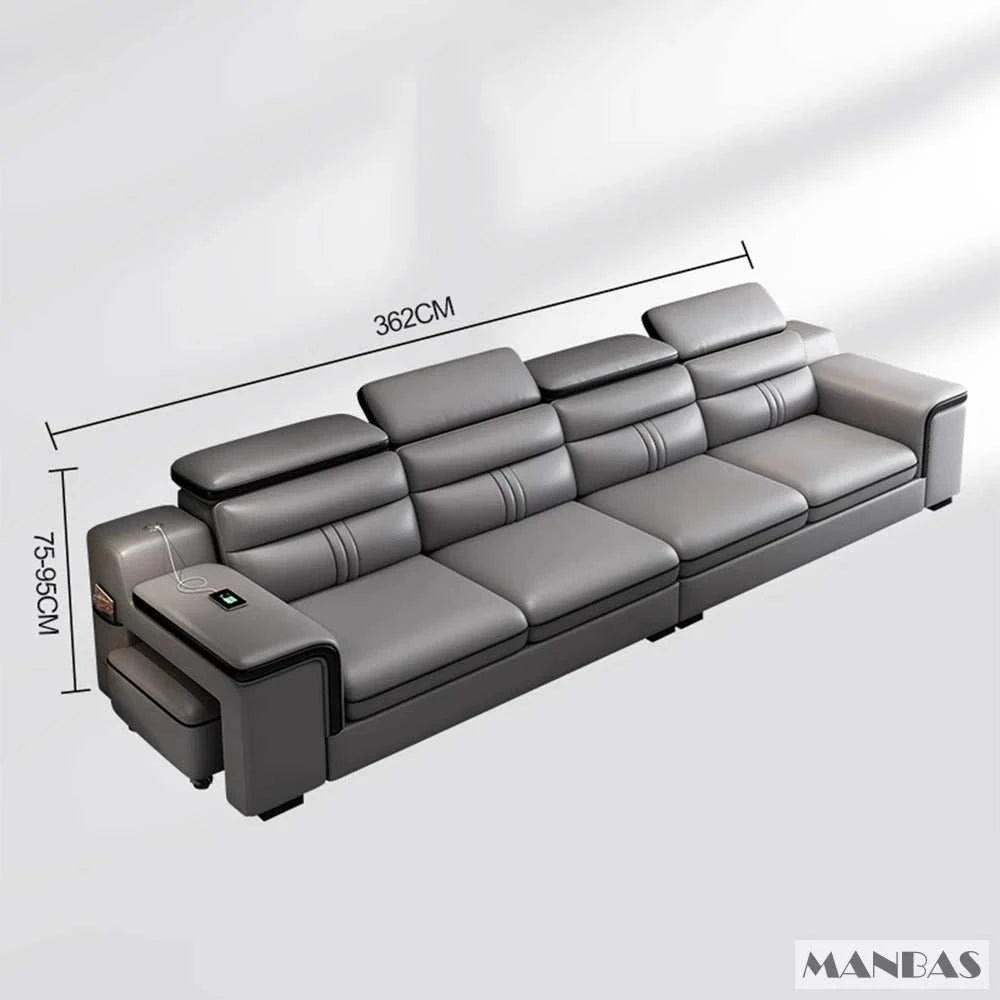Gray sectional sofa with dimensions on a white background, featuring the MANBAS brand.
