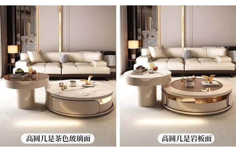 Two views of a modern living room setup with a sofa and coffee table.