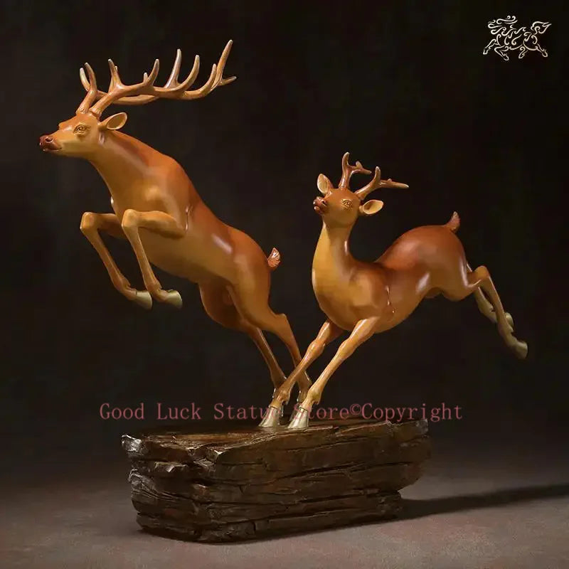 Hand-Engraved Brass Fu Lu Shou Deer Sculpture | Limited Edition Auspicious Art