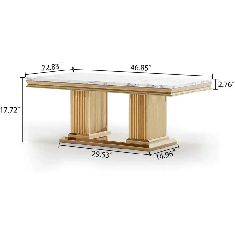 White faux marble coffee table set dimensions showing modern design features.