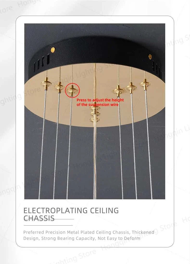 Round modern LED ceiling chandelier with electroplating metal chassis and adjustable suspension wires