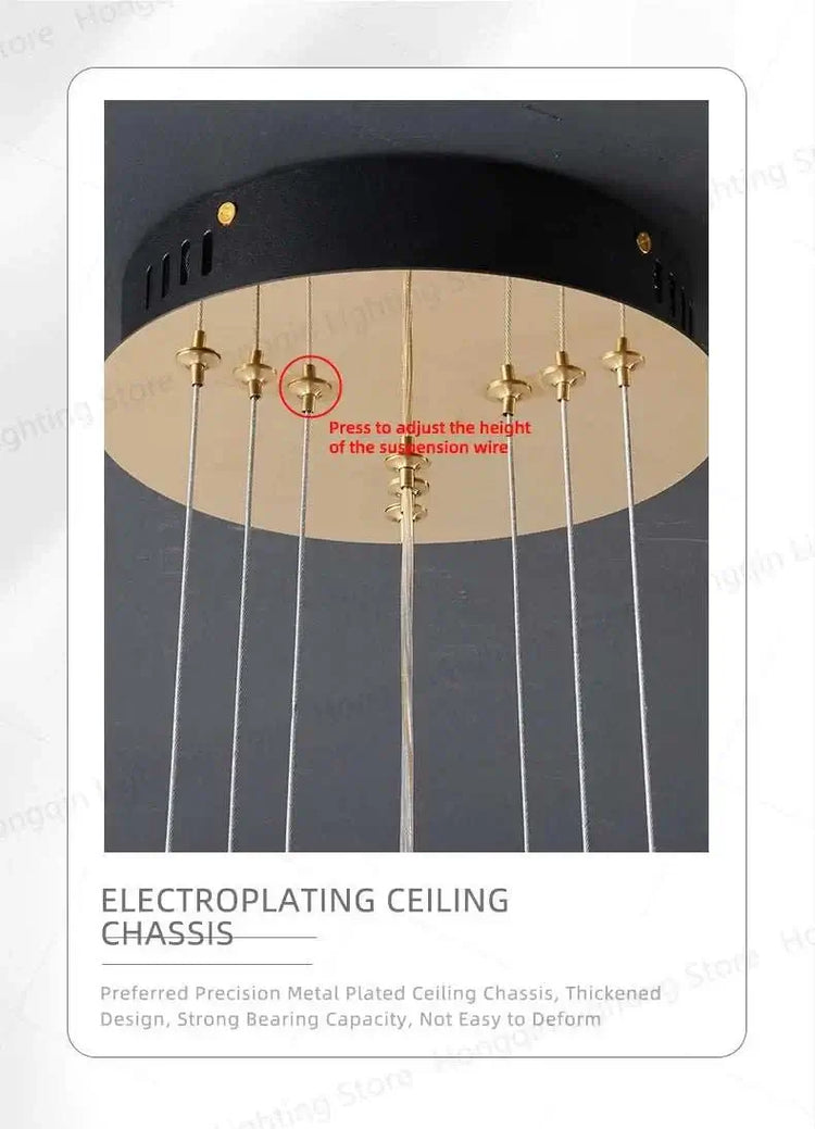 Round modern LED ceiling chandelier with electroplating metal chassis and adjustable suspension wires