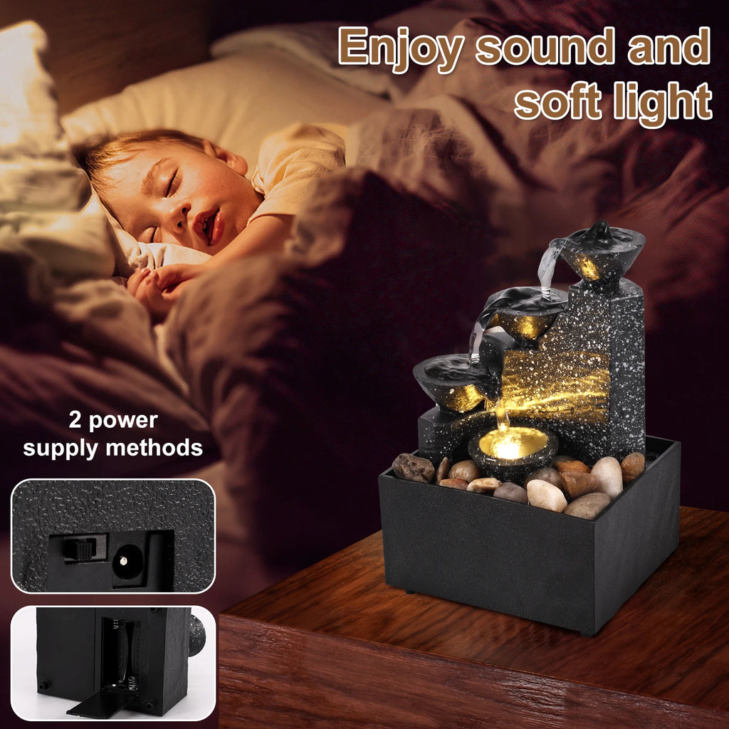 Tabletop Water Fountain with Soft Lights – Decorative Flowing Water Zen Ornament for Indoor Relaxation