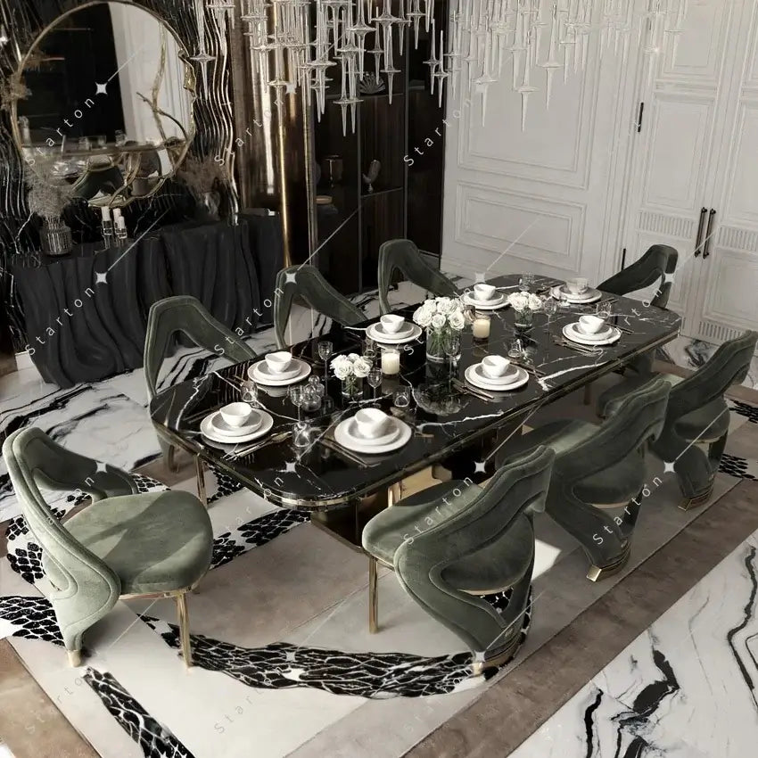 High End Modern Luxury Dining Table Marble Top Golden Stainless Steel Dinning Table Set for Kitchen Hotel Villa in elegant setting.