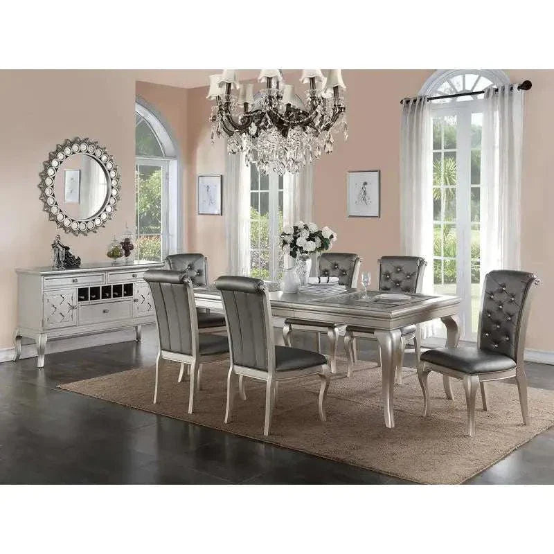 7pc Rect. Glass Dining Table Set w/ Silver Hue & 6 Tufted Side Chairs