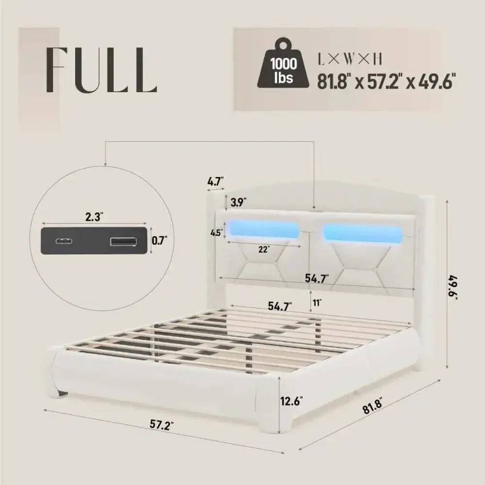 Boucle bed frame with storage headboard and LED lighting dimensions, full size specifications and features.