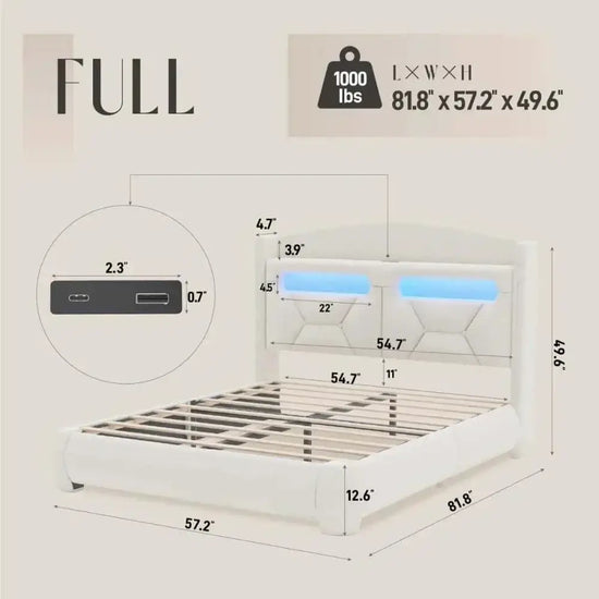 Boucle bed frame with storage headboard and LED lighting dimensions, full size specifications and features.