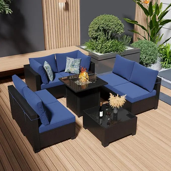 8 Pcs Patio Furniture Set with Fire Pit Table