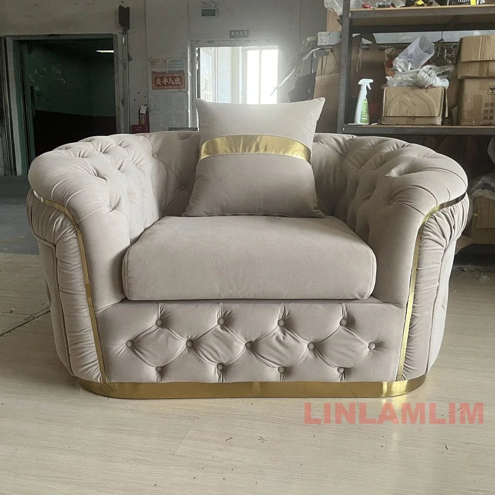 Luxury Chesterfield Sectional Sofa Set with Cloth Buttons and Fabric Modular Couch with Gold Stainless Steel Base, 3-seater Sofa