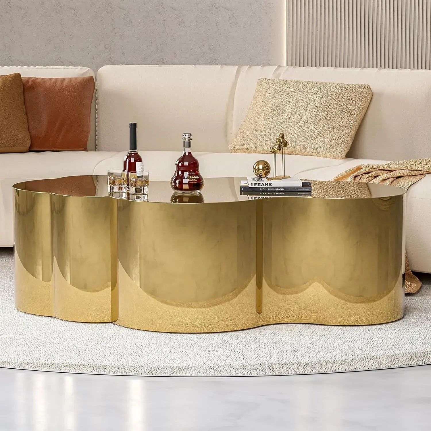 Modern gold stainless steel coffee table with cloud design, perfect for stylish living room or bedroom decor.