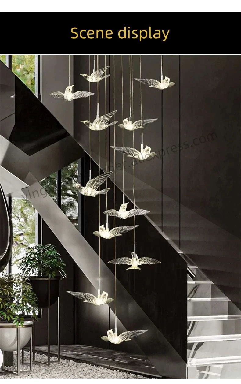 Decorative bird-shaped lights hanging in a modern interior setting.