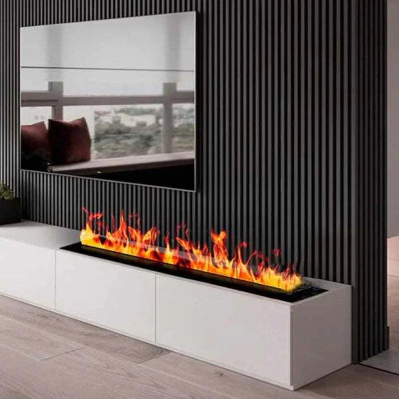 Modern electric fireplace with flames in a living room setting.