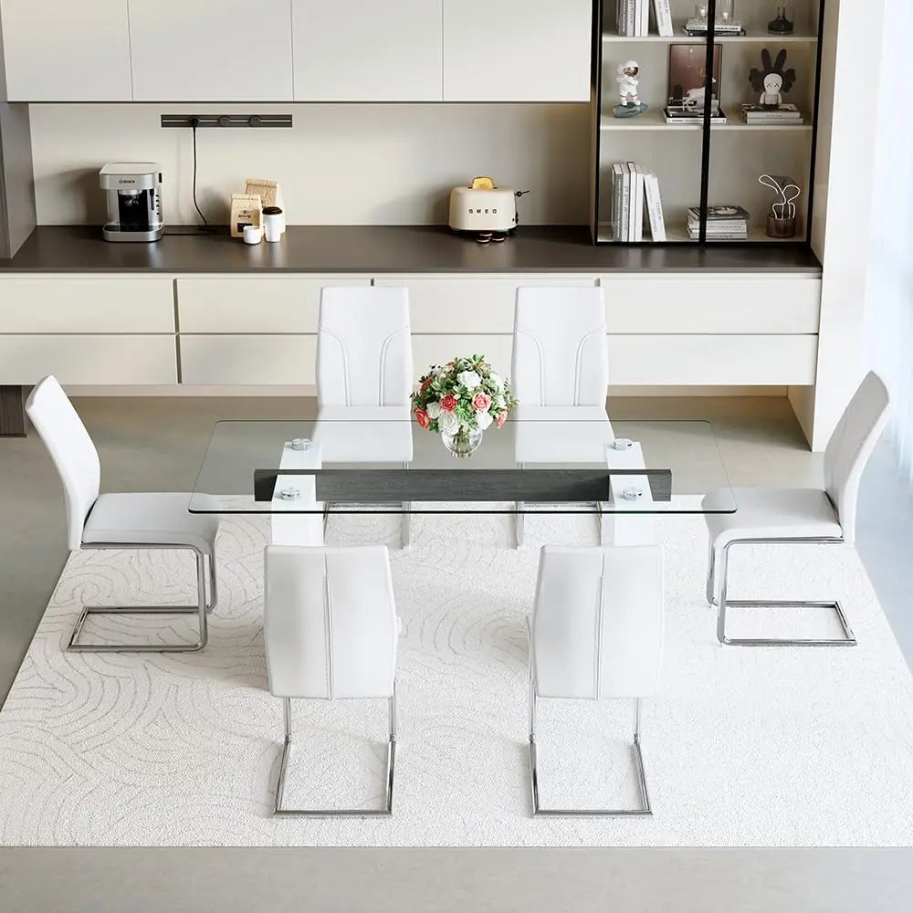 Modern kitchen with a dining table and chairs in a stylish interior setting.