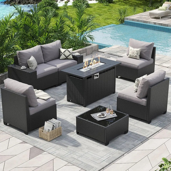 7-Piece Outdoor Patio Furniture Set with 44" Fire Pit Table | 4" Cushions | Modular | Grey Black