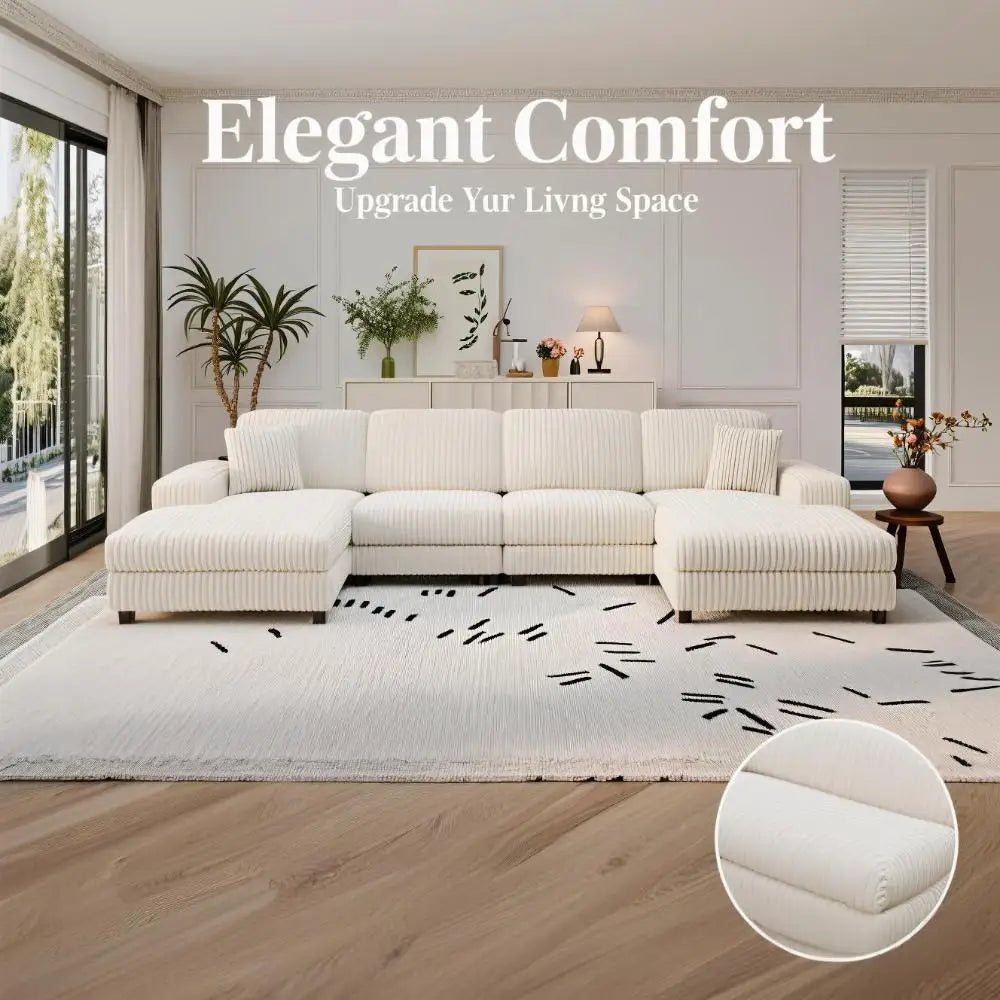Modern convertible U-shaped corduroy sofa set in spacious living room with neutral decor