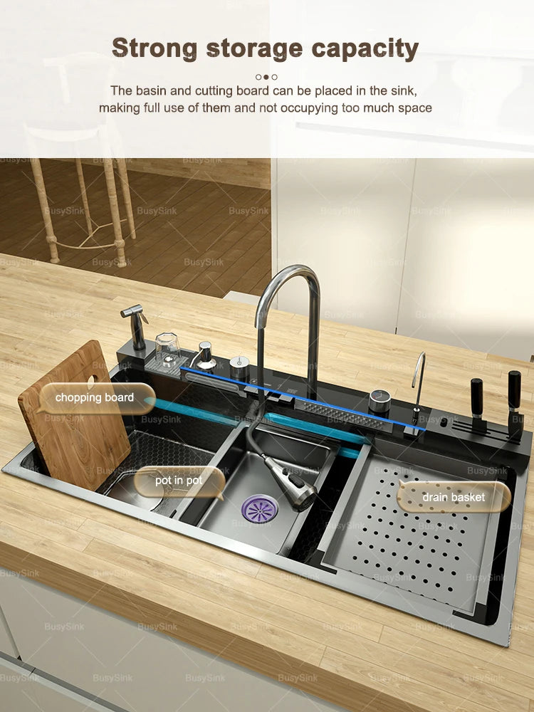 Stainless Steel Kitchen Sink with Waterfall. Digital Display Multifunctional