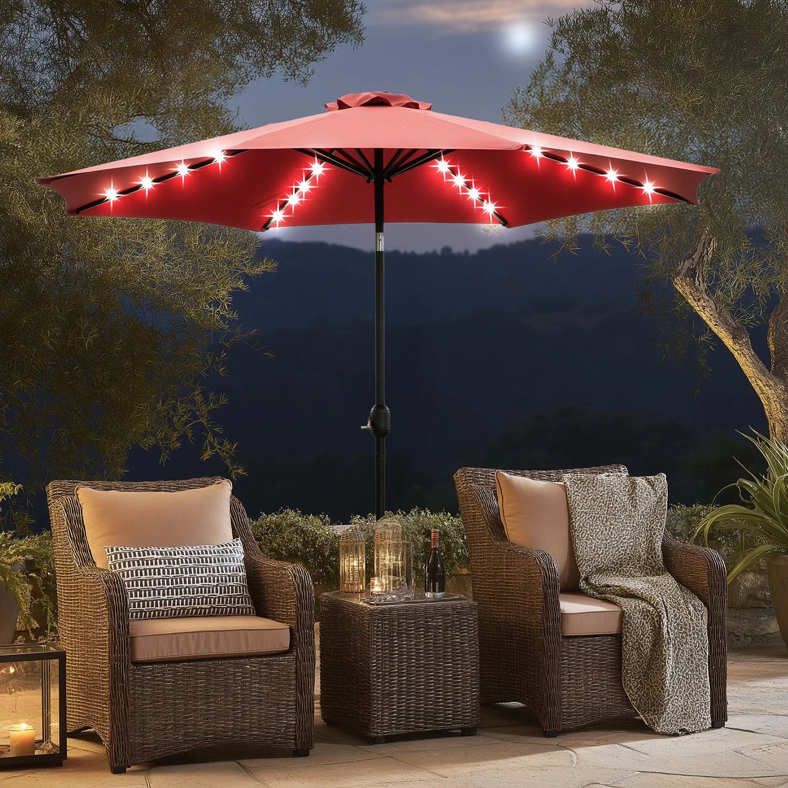 JHK 10FT Solar Patio Umbrella with 32 LED Lights UV-Resistant Outdoor Table Umbrella with Tilt and Crank for Backyard Garden - view 2