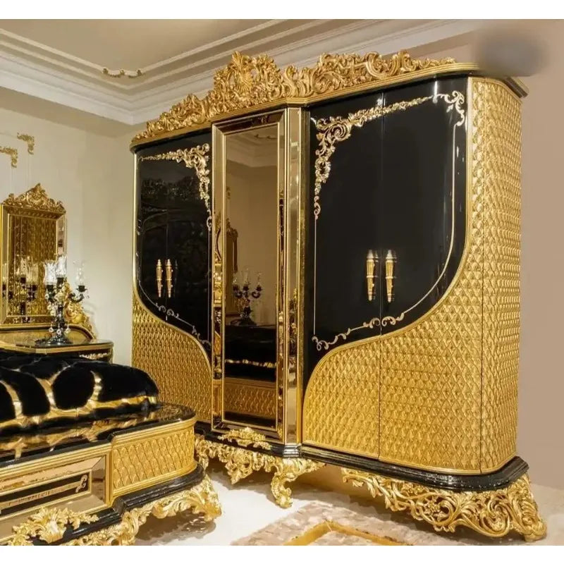 Turkish Middle East Eastern Luxury Antique Royal Hand Carved Bed Room Furniture Set Five Pieces Black Gold African American - view 3