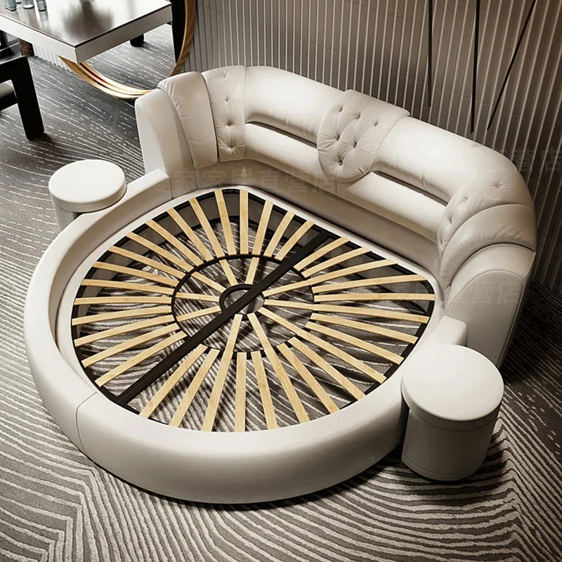 Modern circular sofa with wooden center design in a room setting