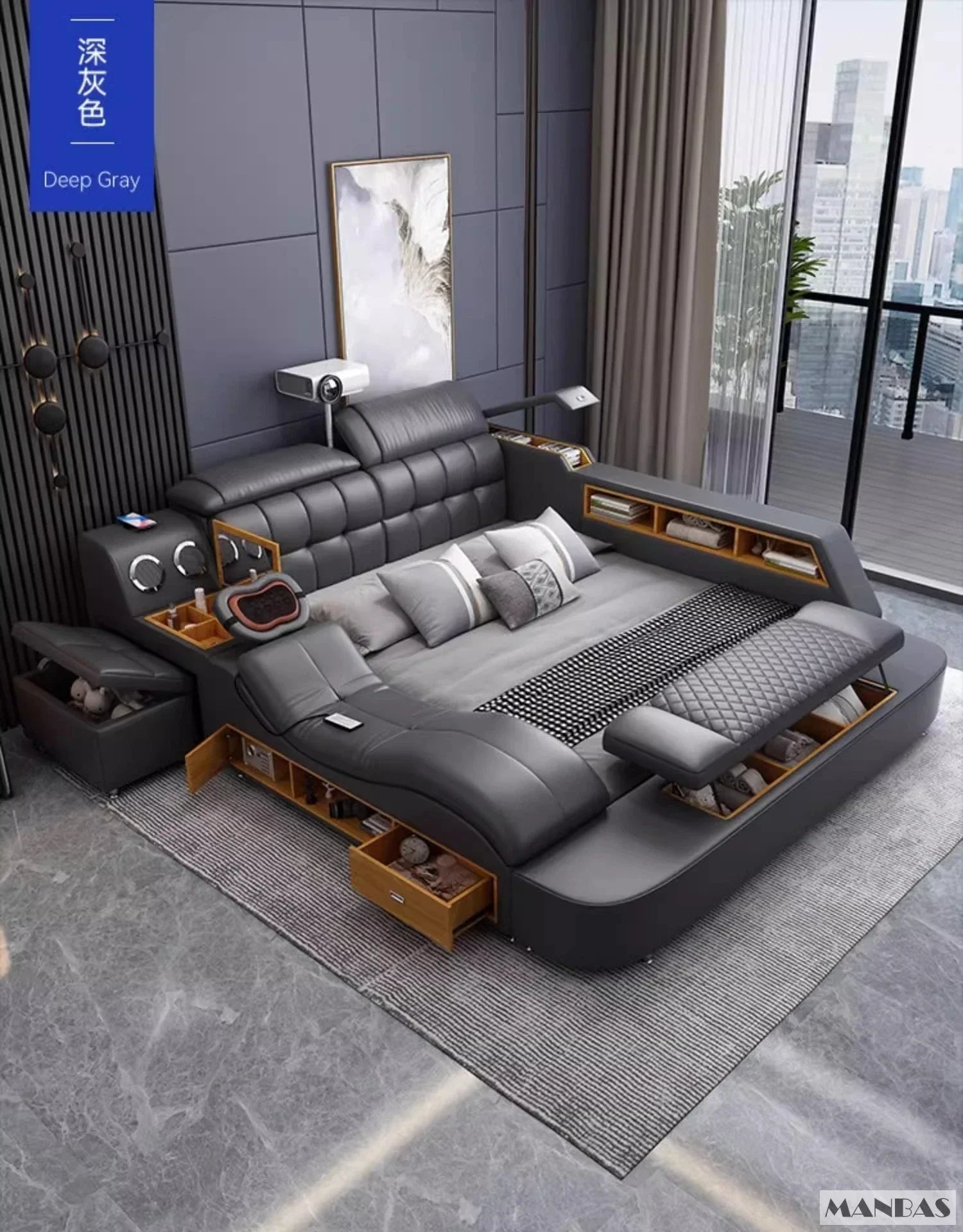 Modern gray bed with wooden accents in a stylish room.