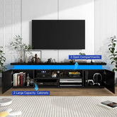 LED TV stand for 85 inch TV with 3 open compartments and 2 large capacity cabinets, sleek high-gloss design.