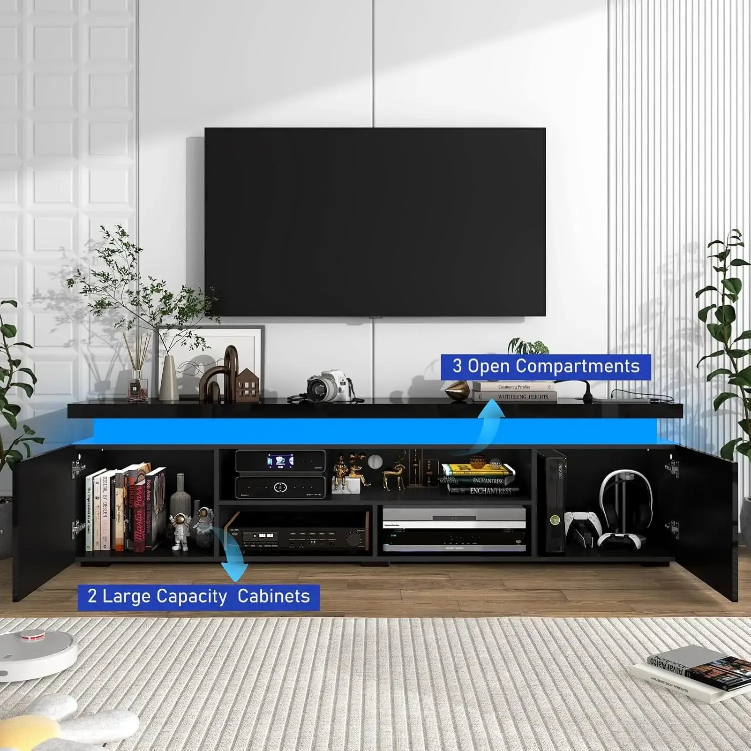LED TV stand for 85 inch TV with 3 open compartments and 2 large capacity cabinets, sleek high-gloss design.
