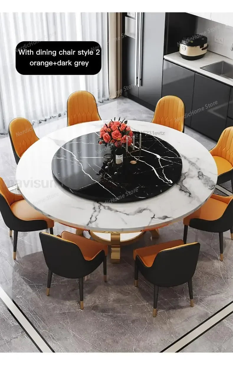 Modern marble glass dining table set with black top and orange/dark grey chairs, perfect for elegant dining.