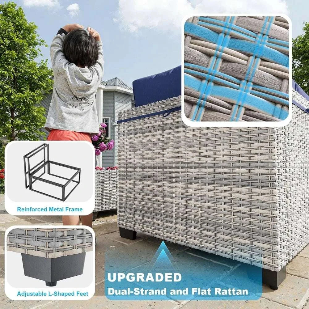 Outdoor storage box with wicker design and product features highlighted.